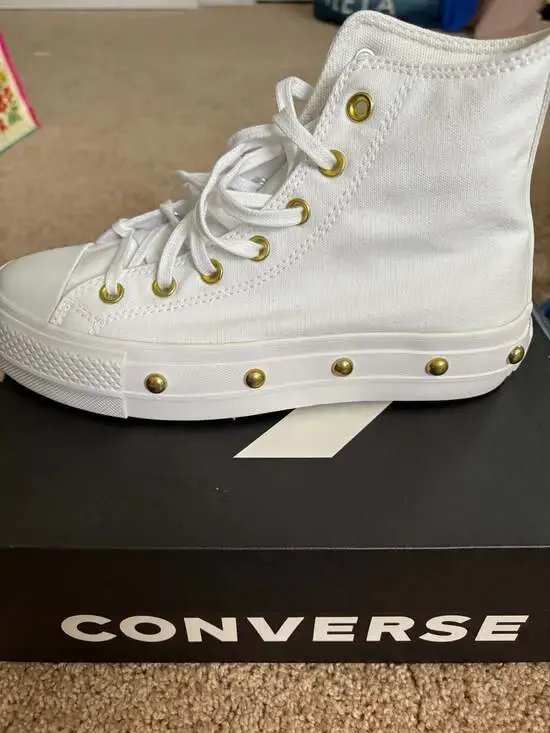 Converse Chuck Taylor All Star Lift Hi Platform White Gold Studded (A06787C) - Picture 2 of 4